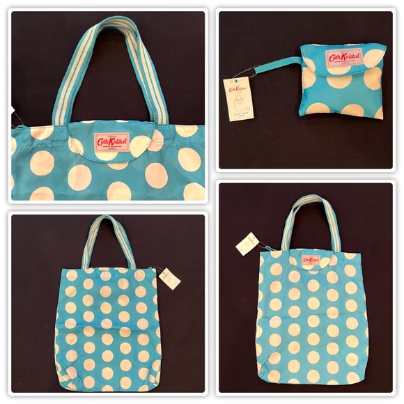Cath Kidston London Blue White Polka Dot Fold Away Shopping Tote Bag 14 x 17 NEW - Picture 1 of 9